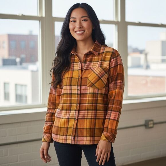 Sonoma Women’s Plaid Button-Up Shirt in Orange and Pink, Size LP, NWT - Picture 1 of 8